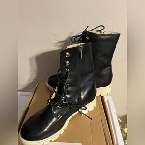 Journee Collection Black Lace-Up Boots with Cream Soles